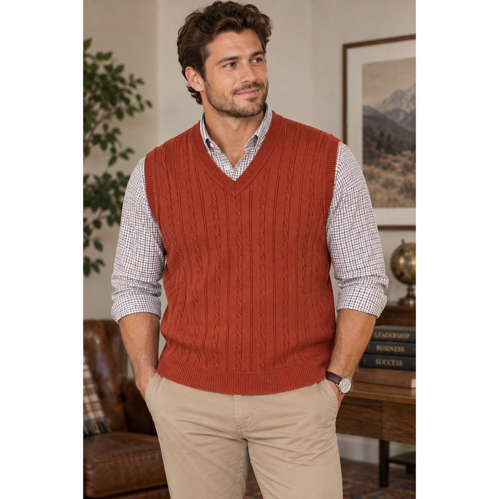Haggar Mens XL Sweater Vest Rust Cable Knit V Neck Preppy Golf Academia